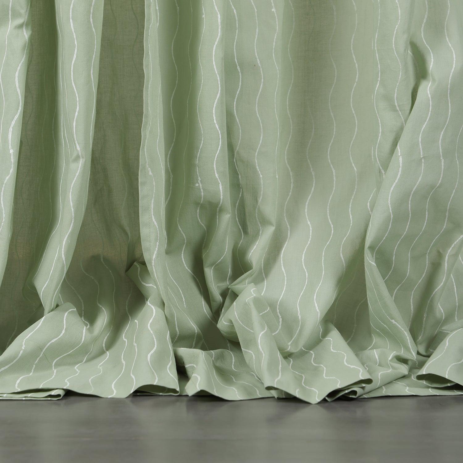 Sage Green wave block print mulmul cotton window curtain. Soft, breathable cotton curtains for windows and doors with a handcrafted design.