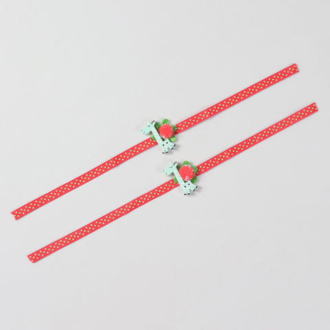 Full-length view of the set of 2 Giraffe Wooden Kids Rakhi showing the complete red ribbon and handcrafted details