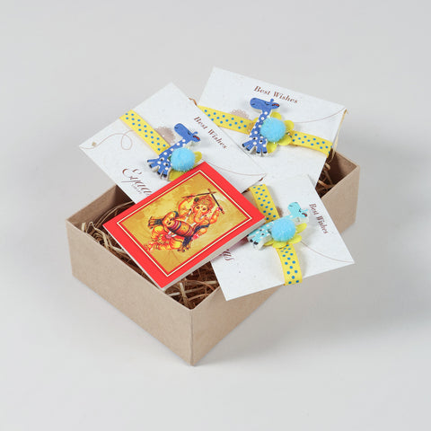Set of 3 Giraffe Wooden Kids Rakhi arranged inside a Raksha Bandhan gift box