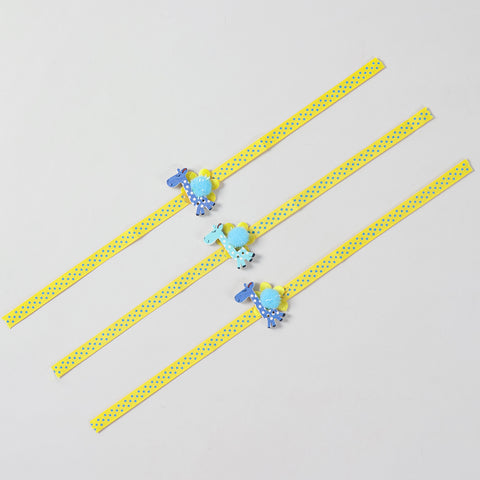 Full-length view of the set of 3 Giraffe Wooden Kids Rakhi showing the complete yellow ribbon and handcrafted details