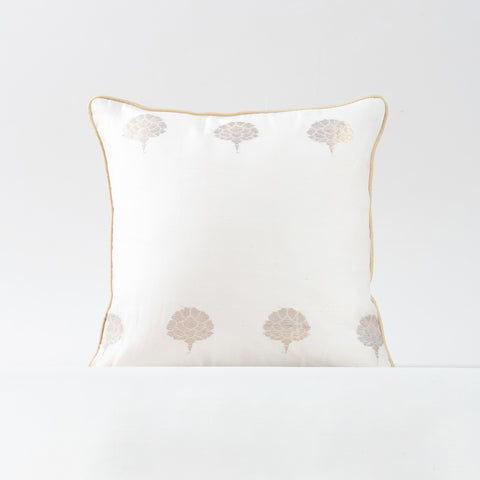 Single off-white Chanderi cushion cover with woven tree motifs designed for elegant home styling
