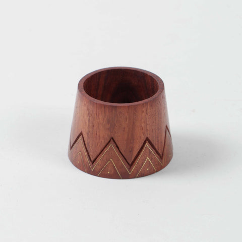 Conical wooden napkin ring with decorative brass inlay crafted using traditional Tarkashi techniques