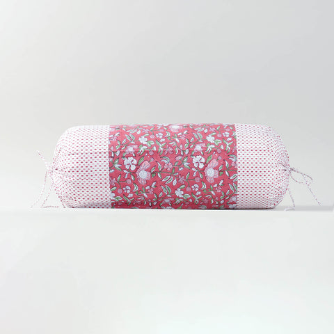 Single hand block printed bolster cushion cover in red, designed for beds, sofas and decorative seating arrangements