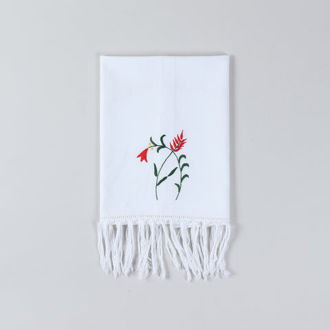 White cotton kitchen towel with red and green floral embroidery inspired by Bengal chikankari craftsmanship