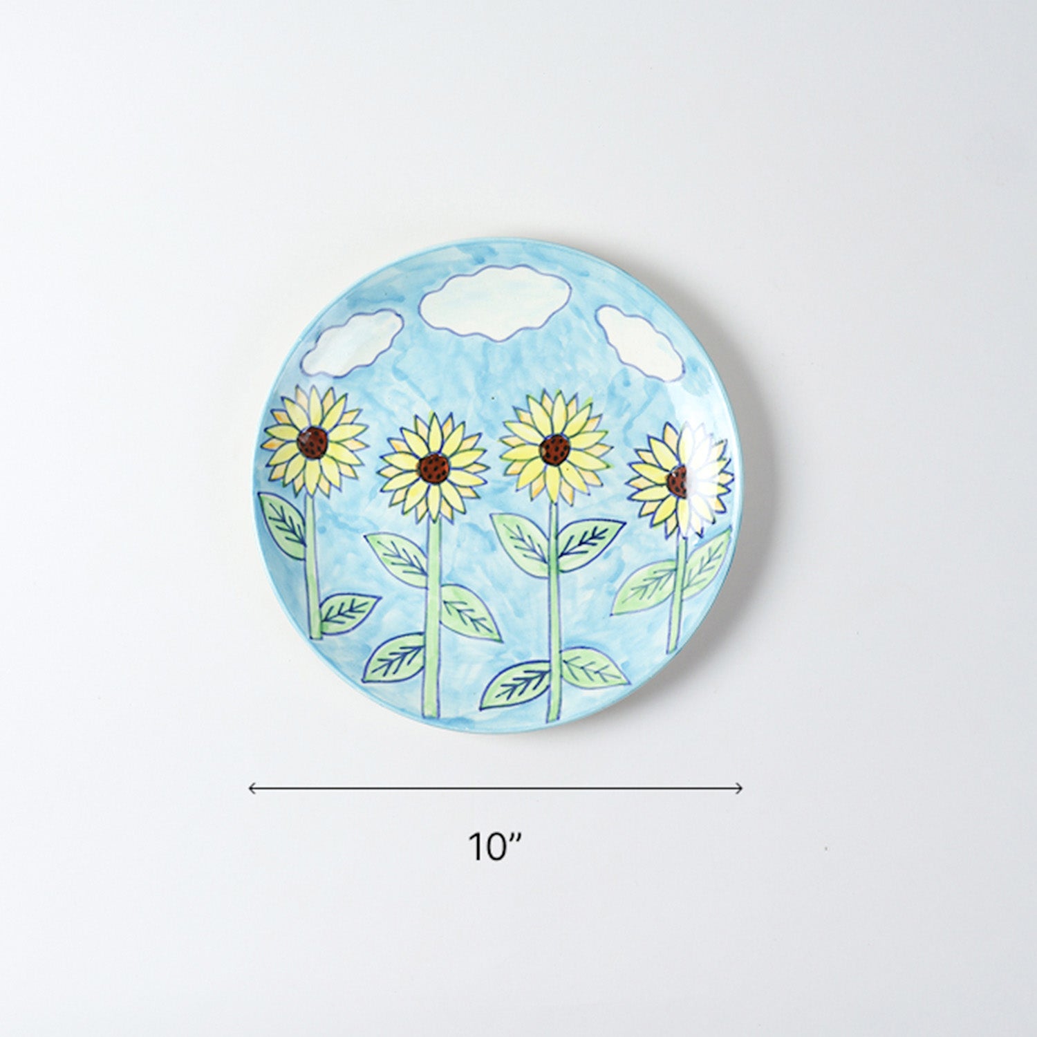 Size chart of Sunflower hand-painted ceramic dinner plate showing a diameter of 10 inches