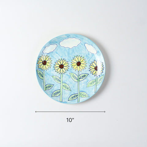 Size chart of Sunflower hand-painted ceramic dinner plate showing a diameter of 10 inches