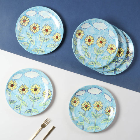 Hand-painted Sunflower ceramic dinner plate set of 6 showcasing colourful Khurja ceramic craftsmanship and handcrafted dining table decor
