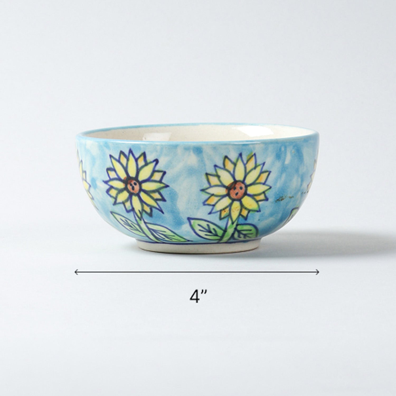  Size chart of Sunflower ceramic katori bowl showing a diameter of 4 inches
