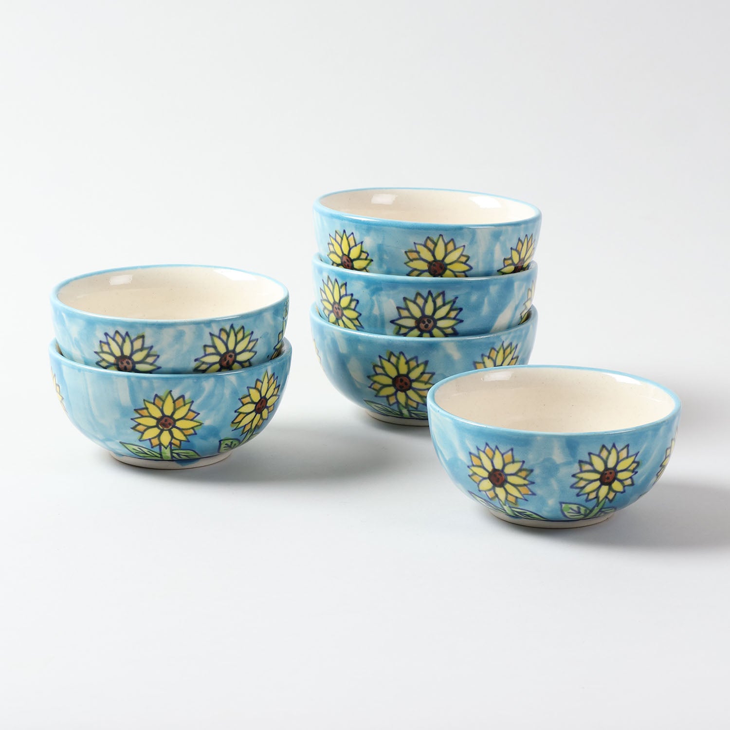 Sunflower ceramic katori set of 6 handcrafted in Khurja, featuring handpainted floral designs and ideal for serving snacks, desserts, and condiments