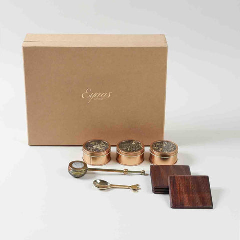 Premium tea gift hamper with tea blends brass spoon tea brewer and handcrafted wooden coasters