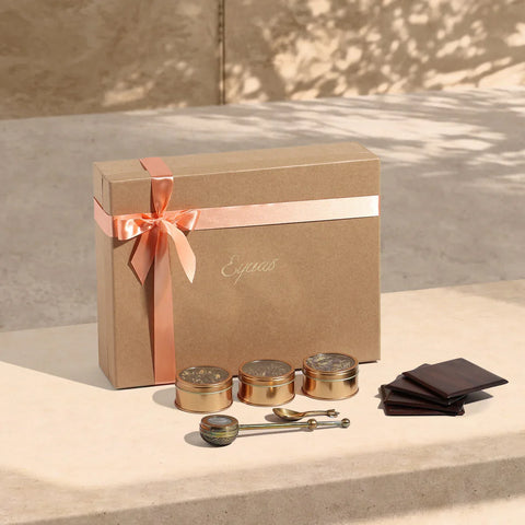 Premium tea gift set with tea blends, brass spoon tea brewer, and handcrafted wooden coasters, ideal for festive gifting and special occasions