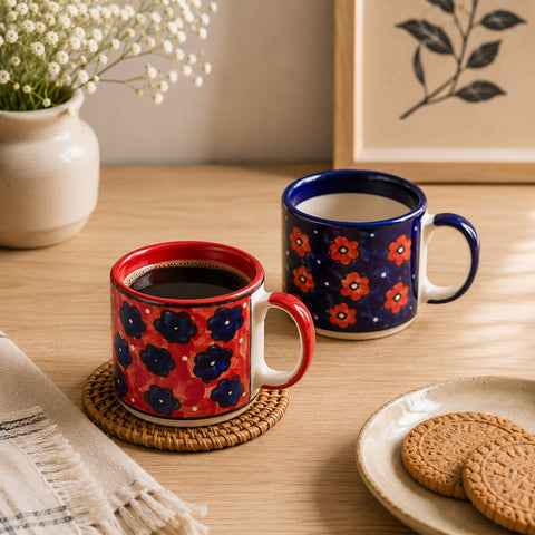 Blue Floral Ceramic Coffee Mug Set (Small)