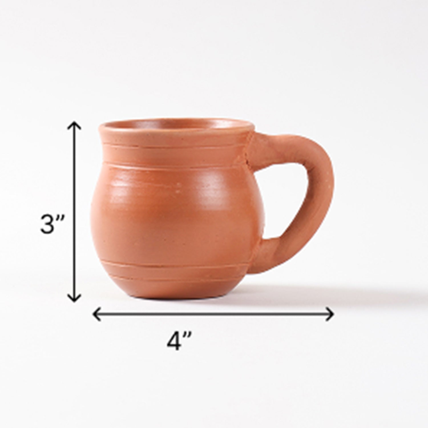 Size chart of terracotta tea cups set showing dimensions of 4 inches diameter, 3 inches height, and 200 ml capacity per cup