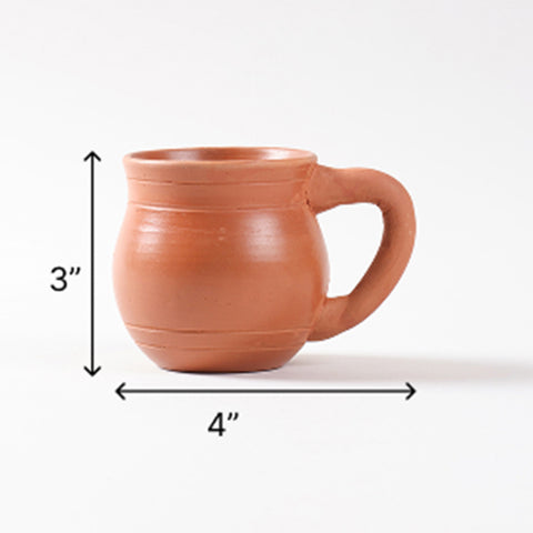 Size chart of terracotta tea cups set showing dimensions of 4 inches diameter, 3 inches height, and 200 ml capacity per cup
