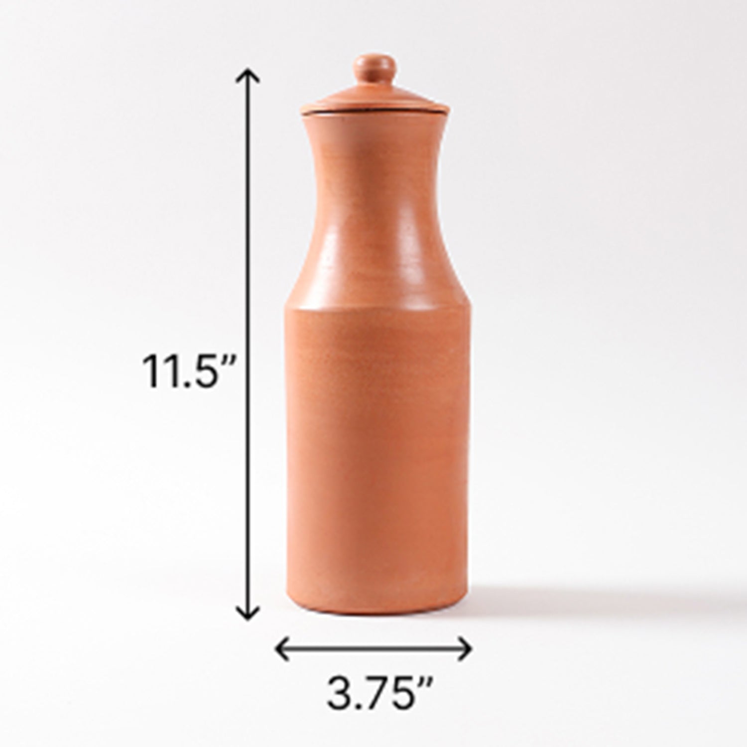 Size chart of terracotta water pitcher showing dimensions of 3.75 inches diameter, 11.5 inches height, and 1100 ml capacity