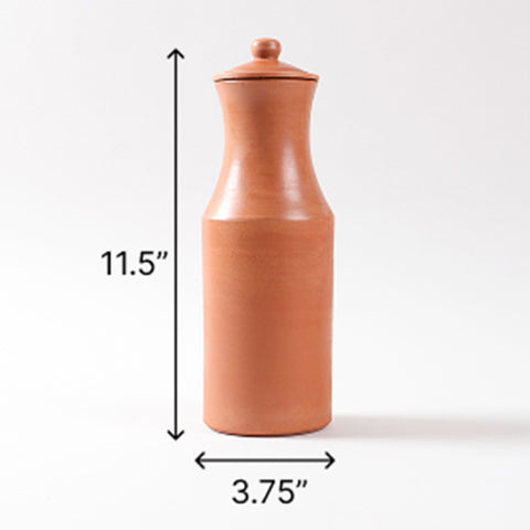 Size chart of terracotta water pitcher showing dimensions of 3.75 inches diameter, 11.5 inches height, and 1100 ml capacity