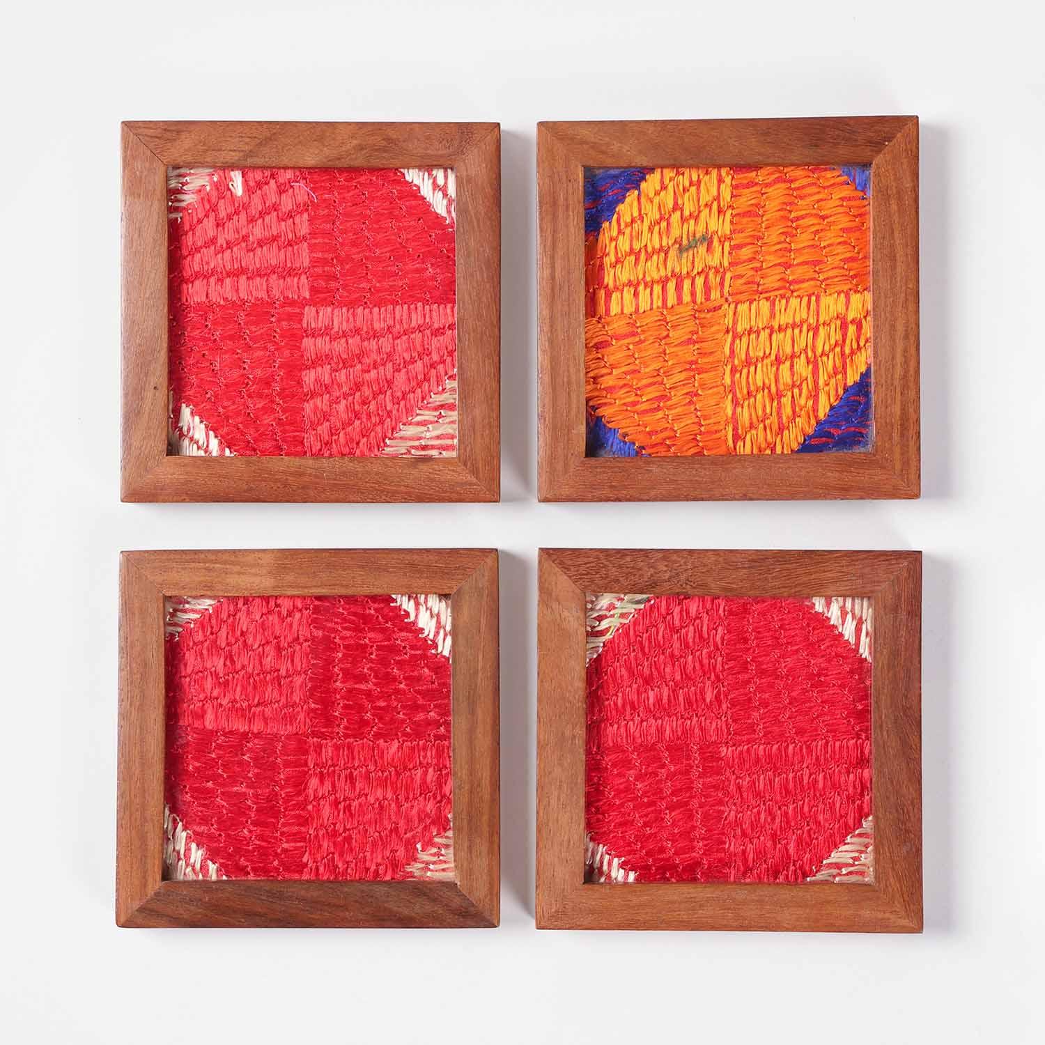 Top view of Wood & Phulkari Sheesham wooden coasters set of 4 with colourful handcrafted embroidery.