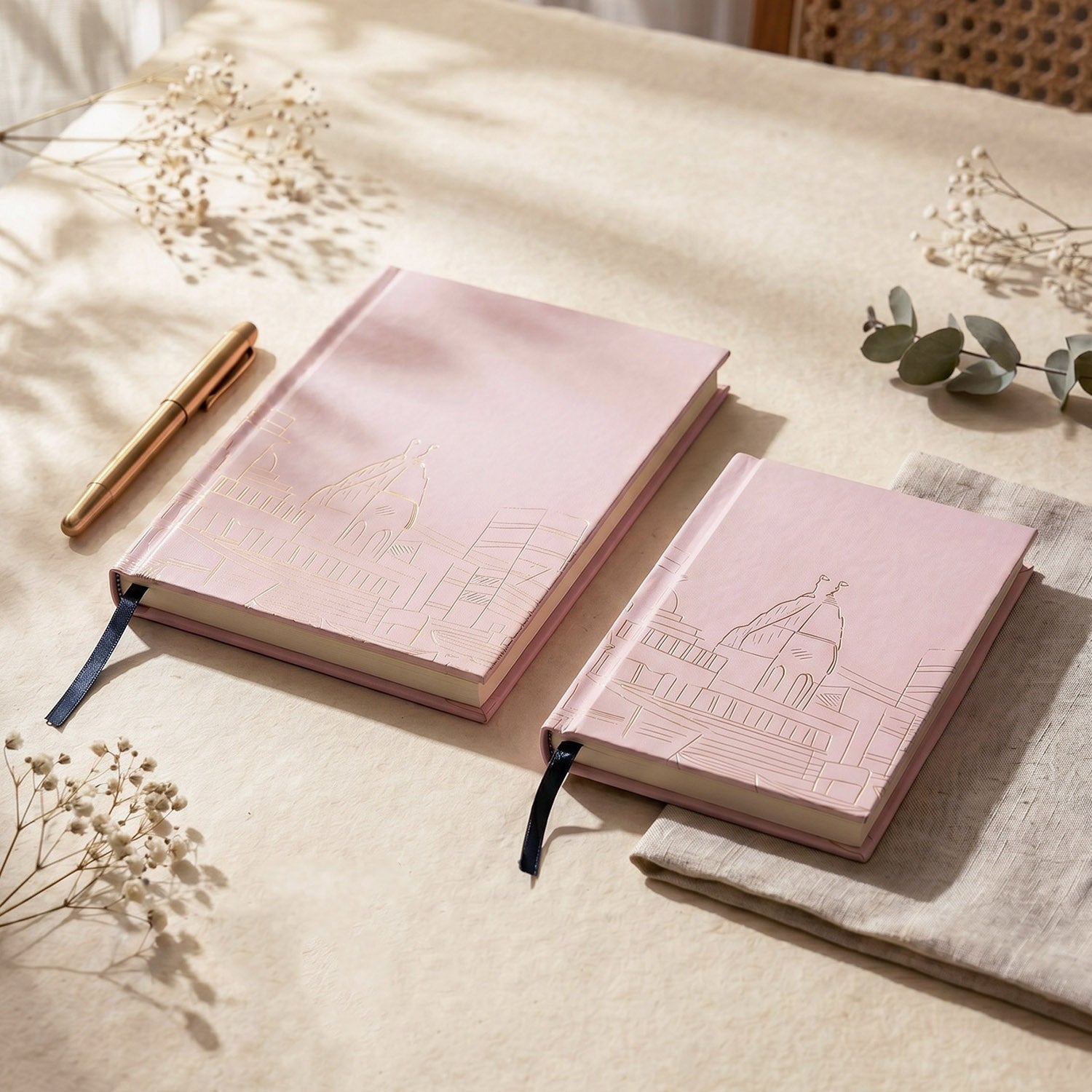 Handmade diary notebook set on an office desk for note taking, journaling and everyday writing.