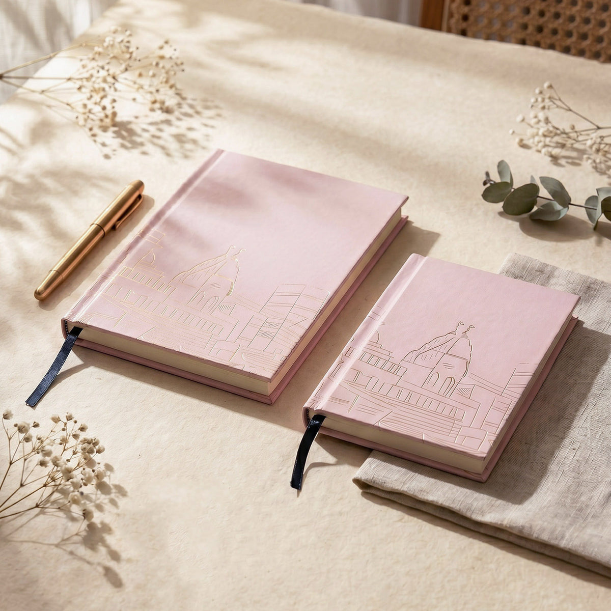 Handmade diary notebook set on an office desk for note taking, journaling and everyday writing.