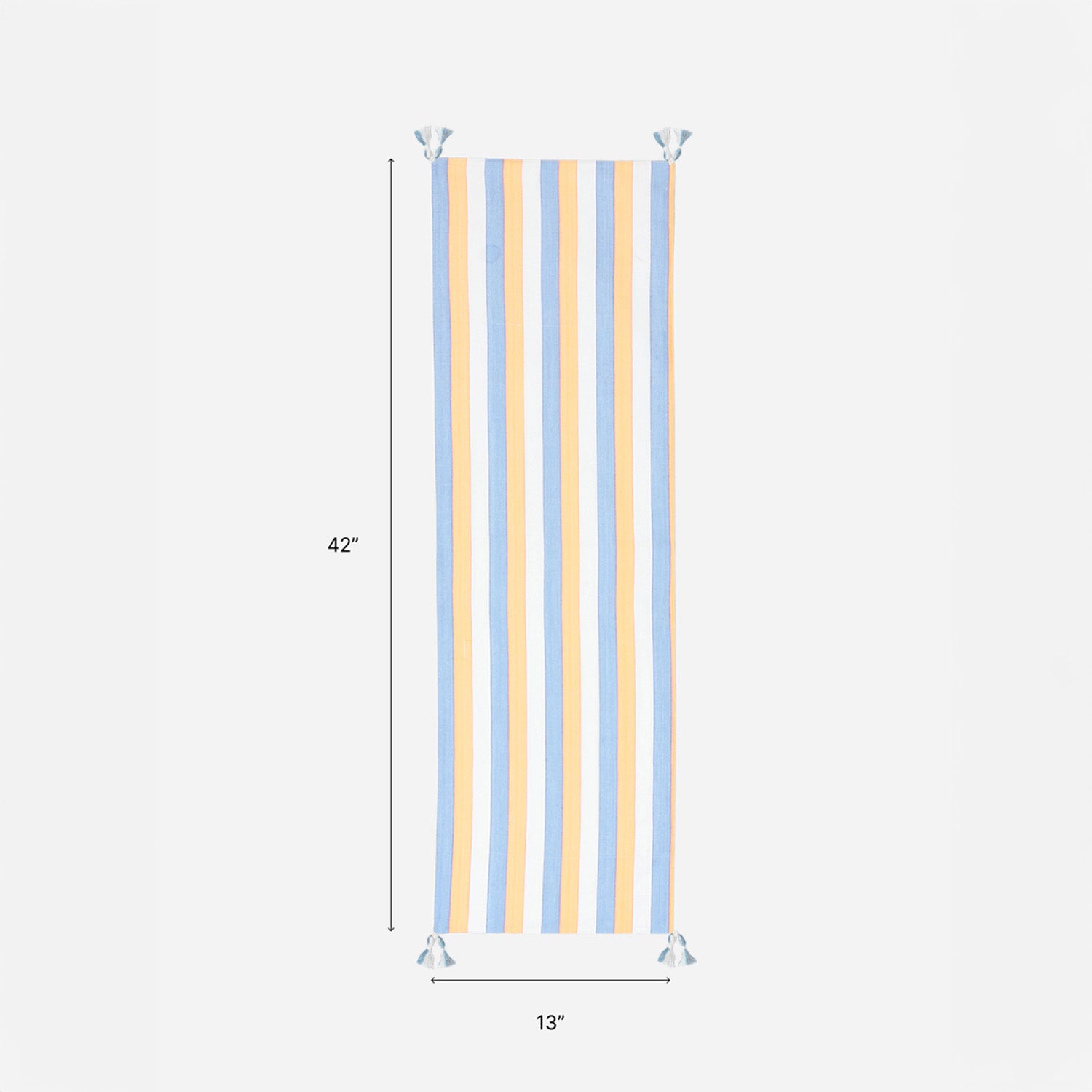 Size chart of a handwoven cotton table runner measuring 13 inches x 42 inches, suitable for 2 to 4 seater dining tables