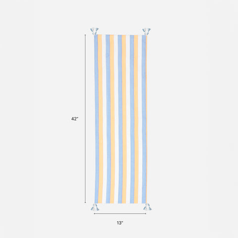 Size chart of a handwoven cotton table runner measuring 13 inches x 42 inches, suitable for 2 to 4 seater dining tables