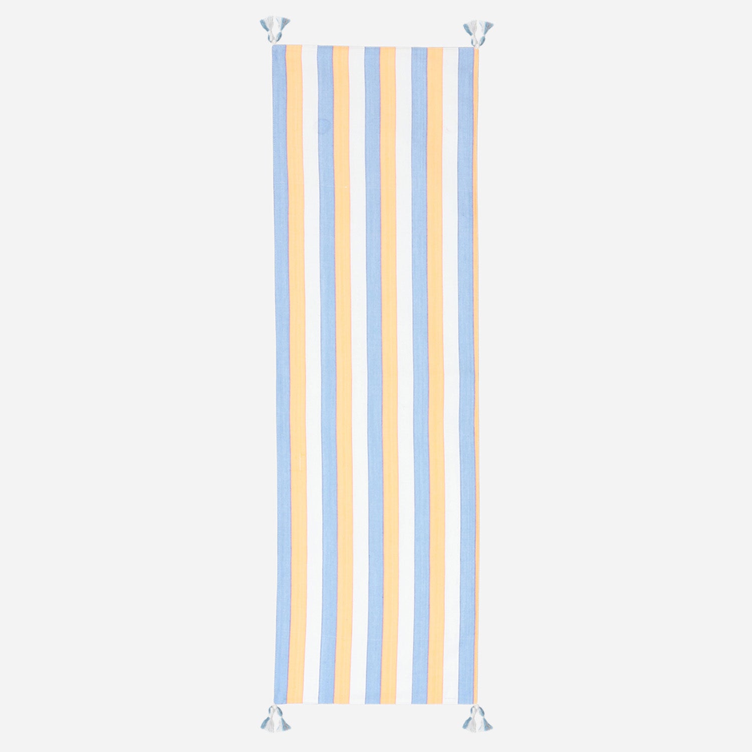 Full-length handwoven cotton table runner featuring blue, orange, and white stripes with tasselled ends displayed on a plain background