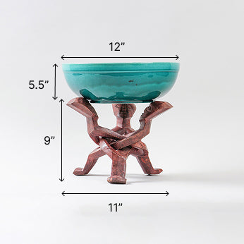 Size chart of ceramic bowl with wooden stand showing bowl dimensions of 12 x 5 inches and stand dimensions of 11 x 9 inches
