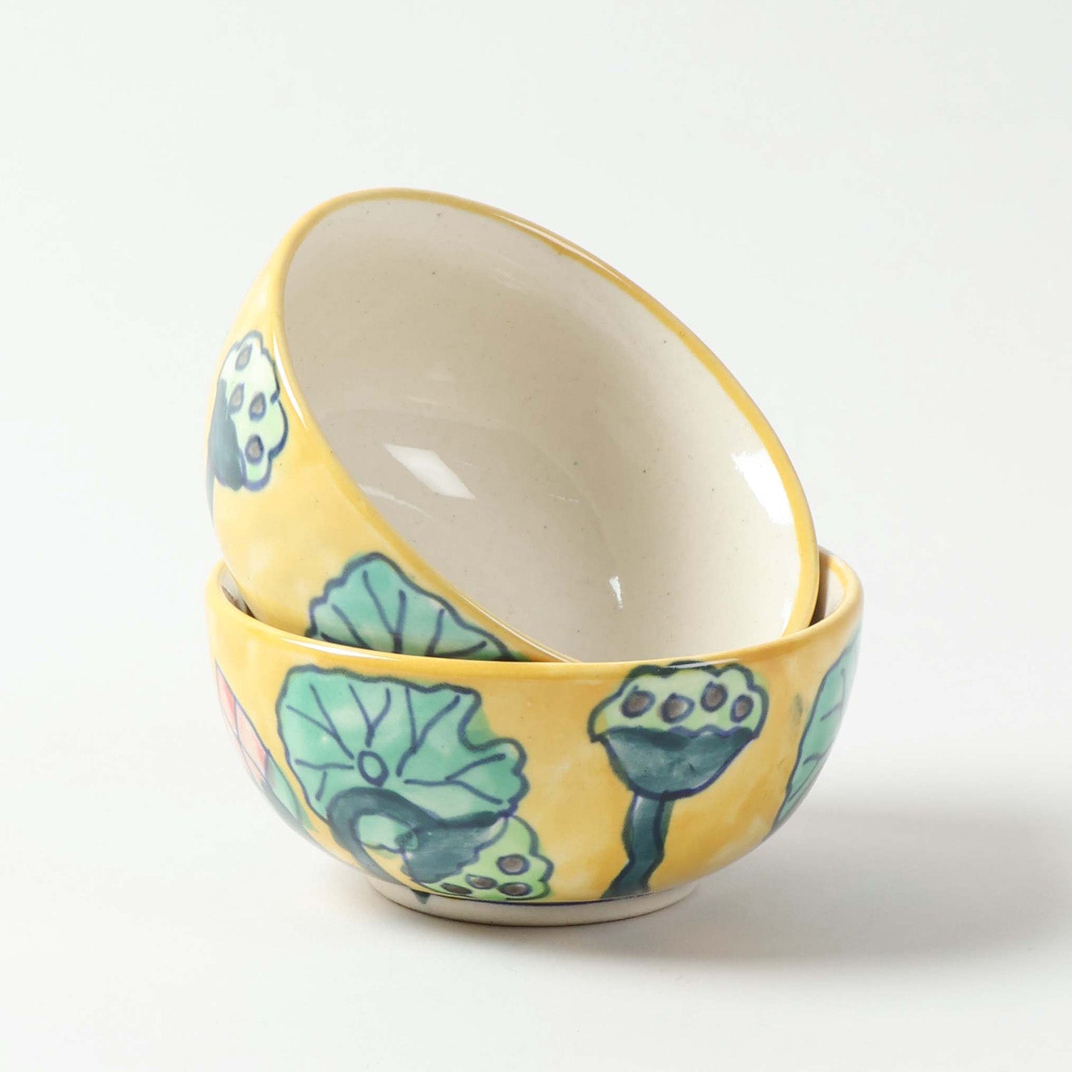 Water Lily ceramic katori set of 2 stacked together on a plain background, showcasing handpainted floral artwork and glossy ceramic craftsmanship