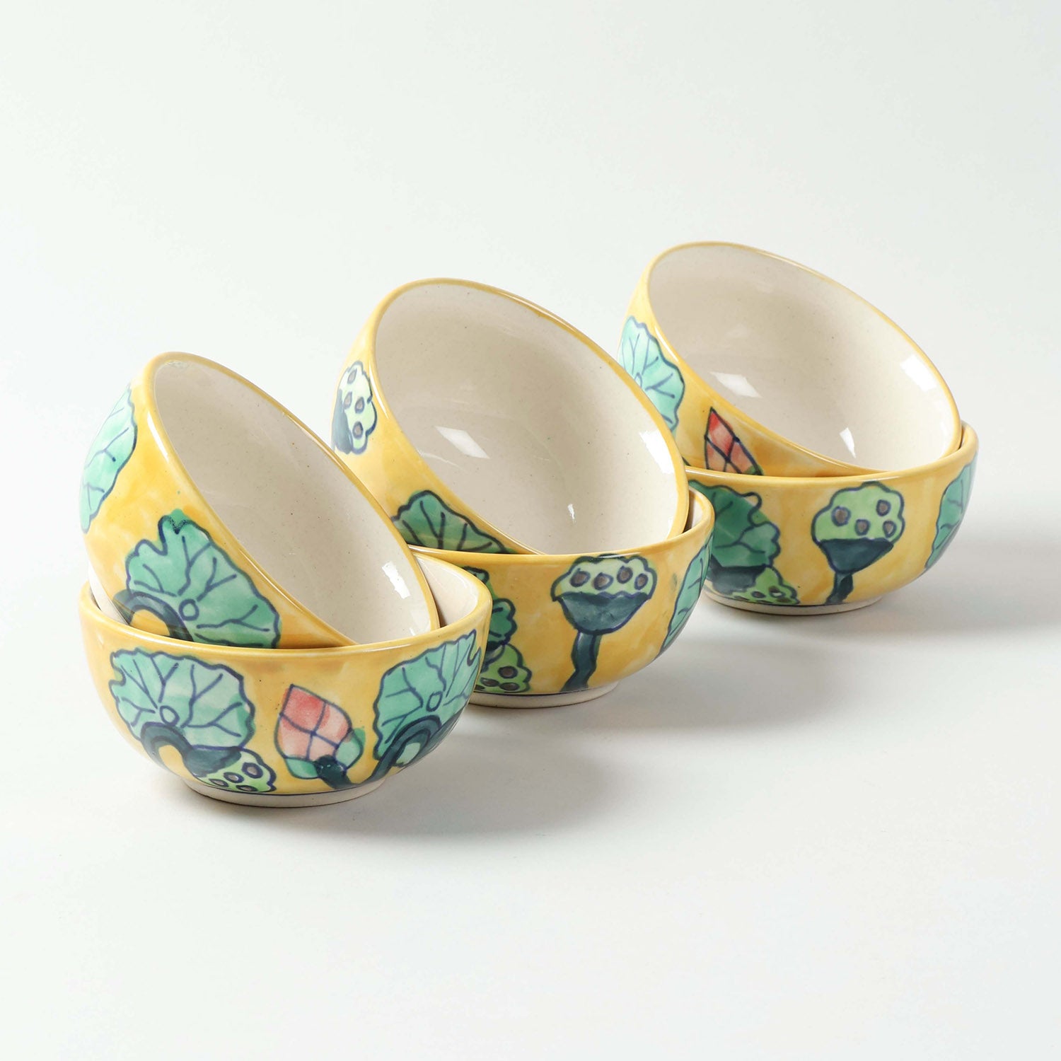 Water Lily ceramic katori set of 6 handcrafted in Khurja, featuring handpainted floral motifs and suitable for everyday dining and entertaining