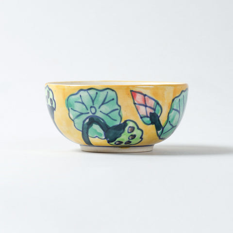 Front view of a handmade Water Lily ceramic katori bowl showcasing handpainted floral motifs and durable ceramic construction