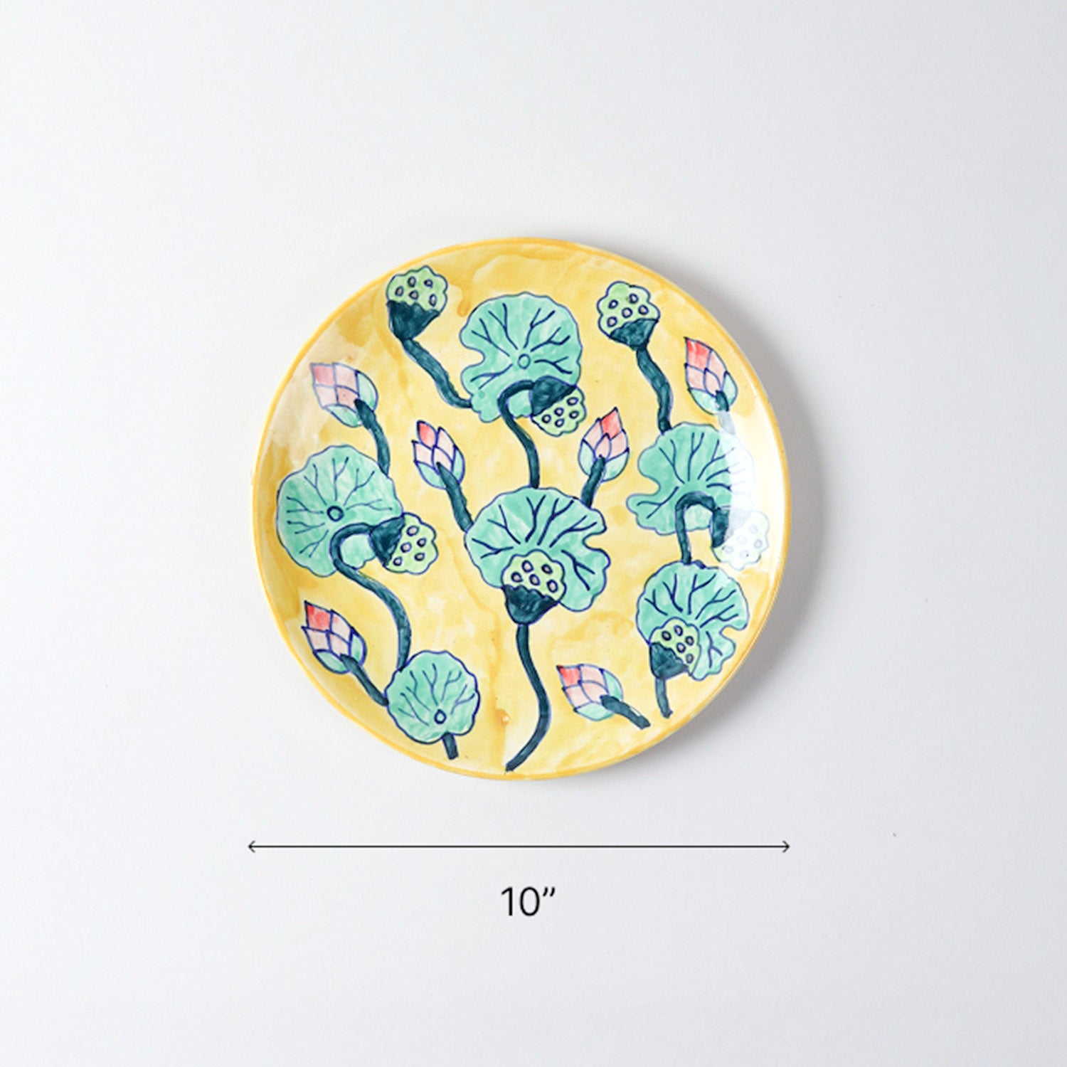 Size chart of Waterlily hand-painted ceramic dinner plate showing a diameter of 10 inches