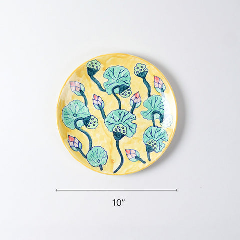 Size chart of Waterlily hand-painted ceramic dinner plate showing a diameter of 10 inches