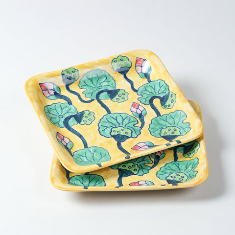 Set of 2 hand-painted ceramic square platters featuring water lily artwork, crafted in Khurja and displayed on a plain background