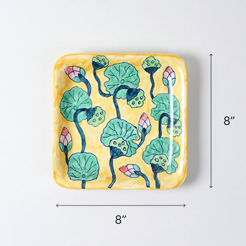  Size chart of Waterlily hand-painted ceramic square platter showing dimensions of 8 inches