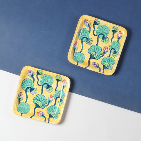 Waterlily ceramic square platter set of 2 with handpainted lotus-inspired designs, ideal for serving snacks and enhancing dining table settings