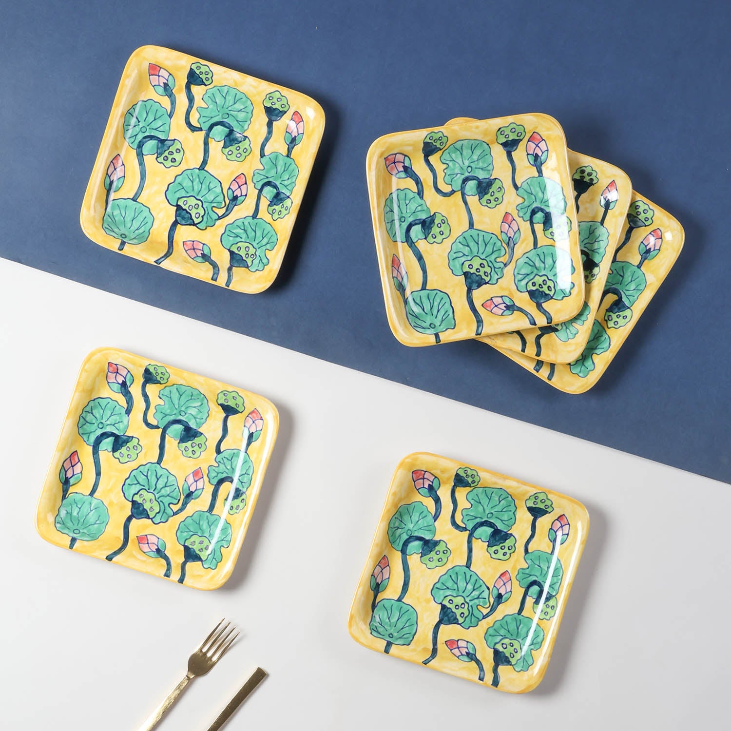 Hand-painted Waterlily ceramic platter set of 6 featuring vibrant Khurja ceramic artwork, perfect for serving and entertaining guests