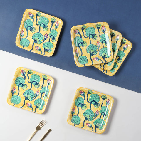 Hand-painted Waterlily ceramic platter set of 6 featuring vibrant Khurja ceramic artwork, perfect for serving and entertaining guests