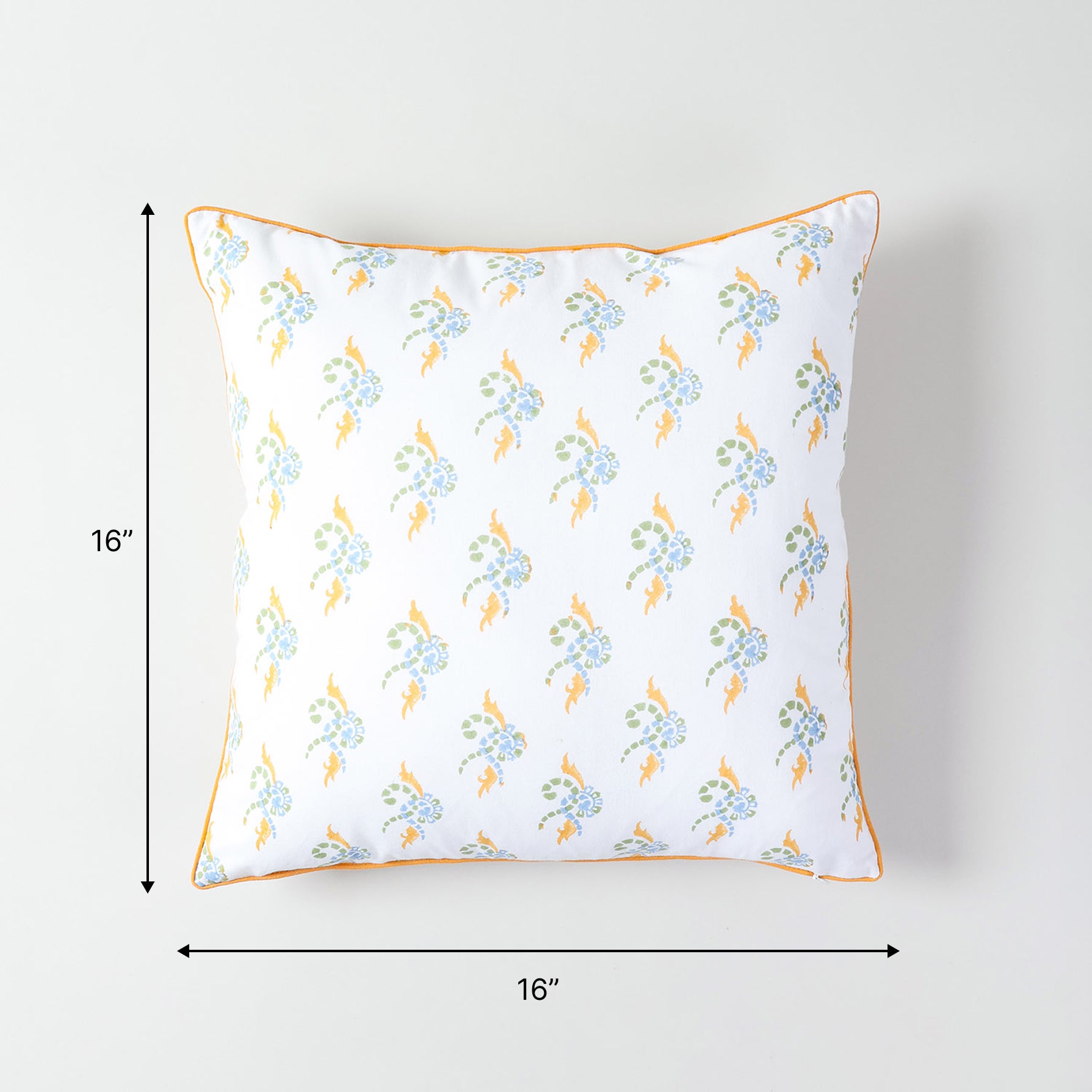 16x16 inch white cotton cushion cover with orange, green, and blue block  printed sizing guide for sofa cushions, decorative pillows, and seating decor
