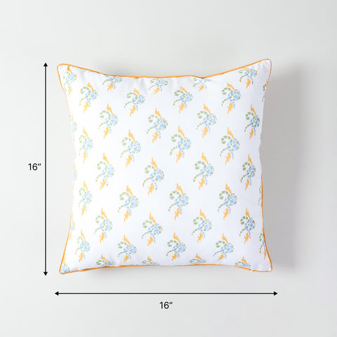 16x16 inch white cotton cushion cover with orange, green, and blue block  printed sizing guide for sofa cushions, decorative pillows, and seating decor