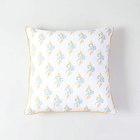 Premium white cotton sheeting cushion cover with orange, green, and blue handcrafted motifs and perfect finishing