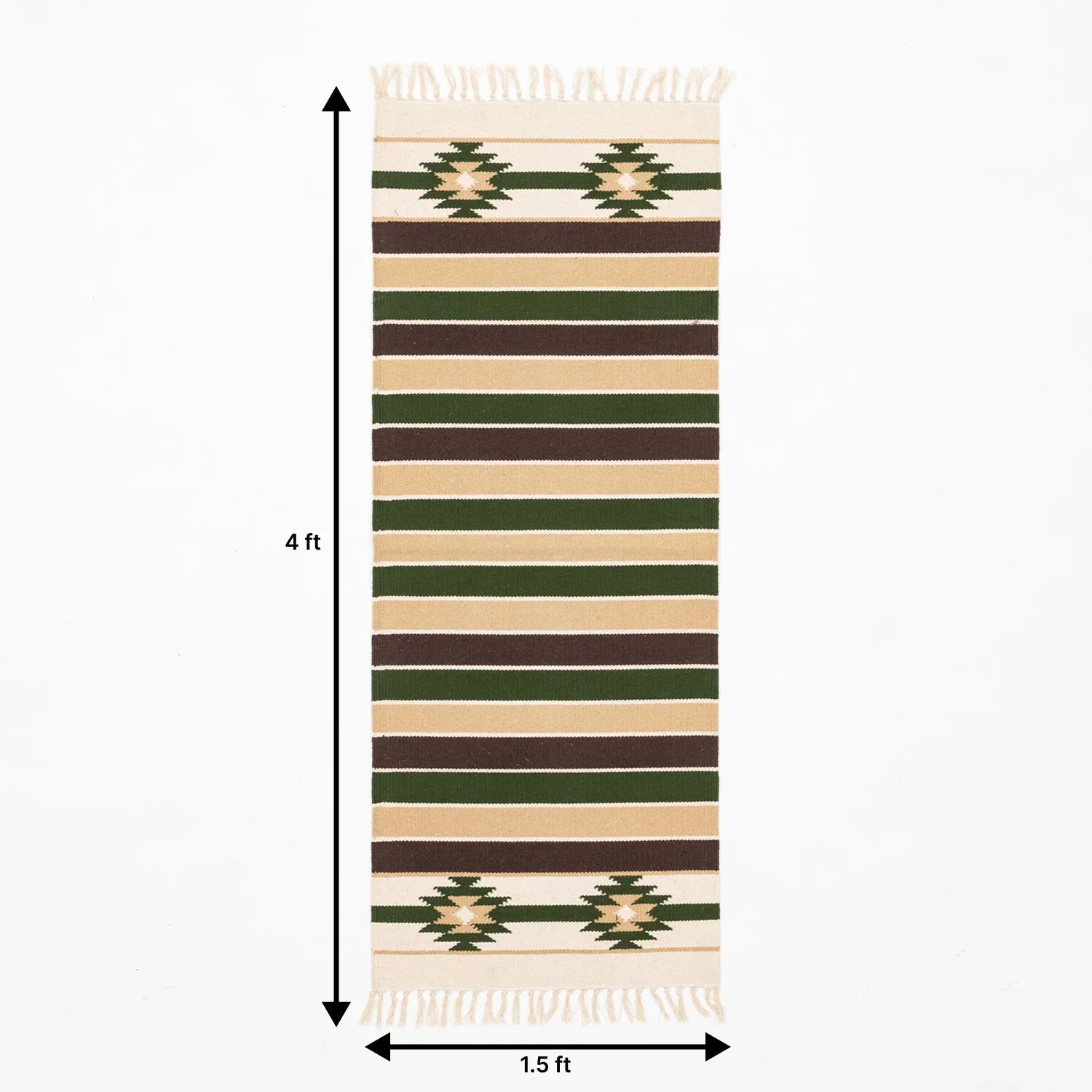 1.5 x 4 ft handwoven cotton rug size guide featuring white and green artisan woven patterns