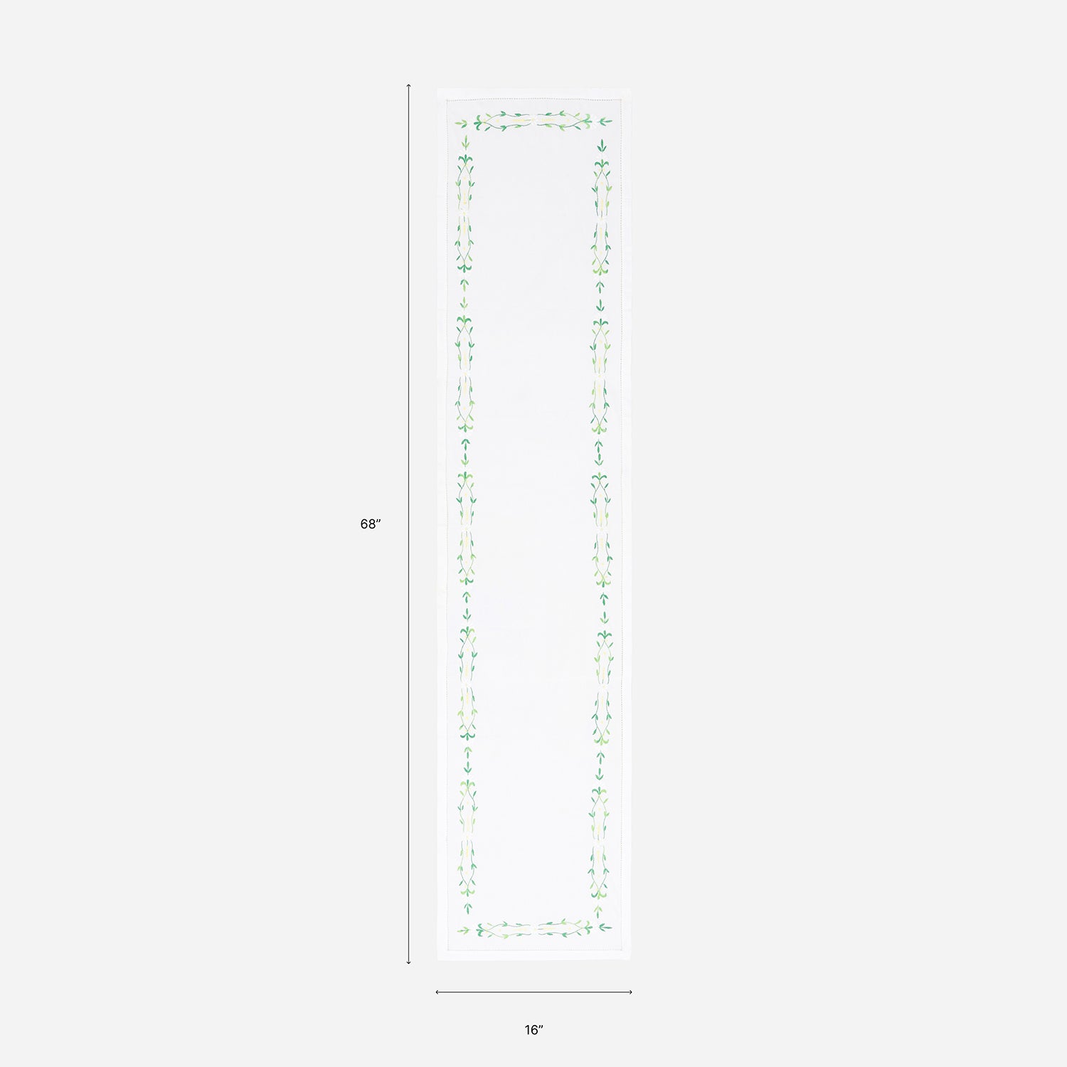 Dimension chart of a Bengal chikankari table runner measuring 68 x 16 inches, suitable for 4 to 6 seater dining tables