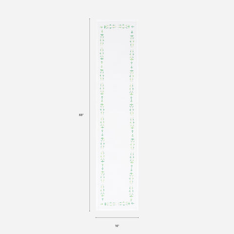 Dimension chart of a Bengal chikankari table runner measuring 68 x 16 inches, suitable for 4 to 6 seater dining tables