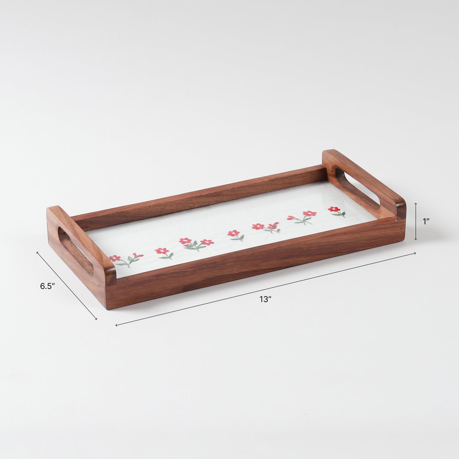 Dimension chart of a hand embroidered wooden serving tray measuring 13 inches x 6.5 inches x 1 inch