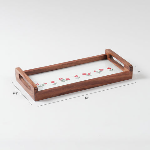 Dimension chart of a hand embroidered wooden serving tray measuring 13 inches x 6.5 inches x 1 inch