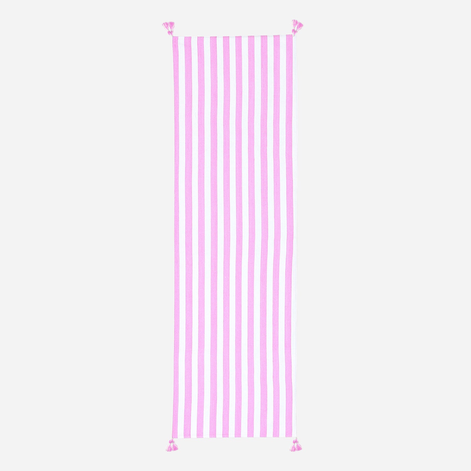 Full-length handwoven cotton table runner featuring white and pink stripes with tasselled ends displayed on a plain background