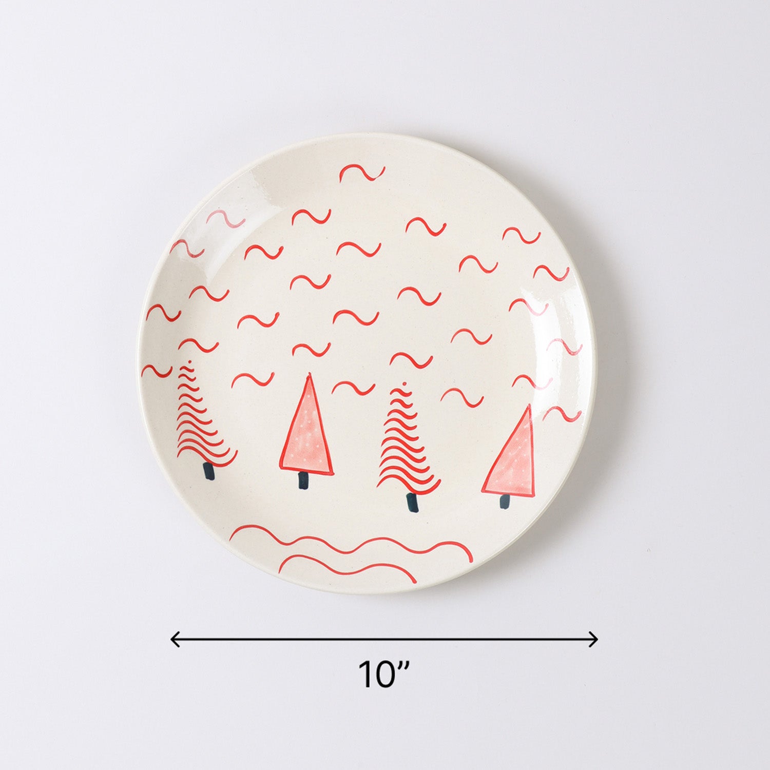 Dimension chart of a hand-painted ceramic breakfast plate measuring 10 inches in diameter