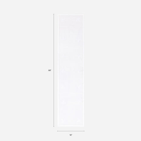 Dimension chart of a white Bengal chikankari table runner measuring 68 x 16 inches, suitable for 4 to 6 seater dining tables