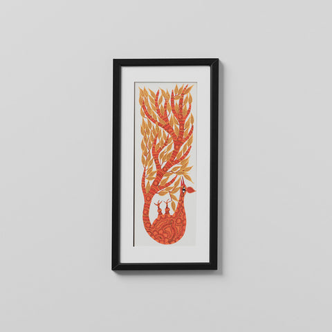 Peacock Tree of Life - Bhil Painting, Orange - Eyaas