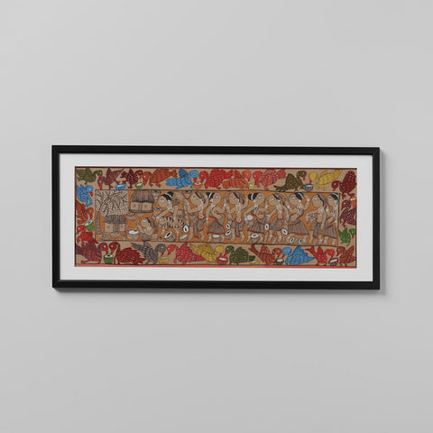 Santhal Painting Celebration of village, 29x11 Inches - Eyaas